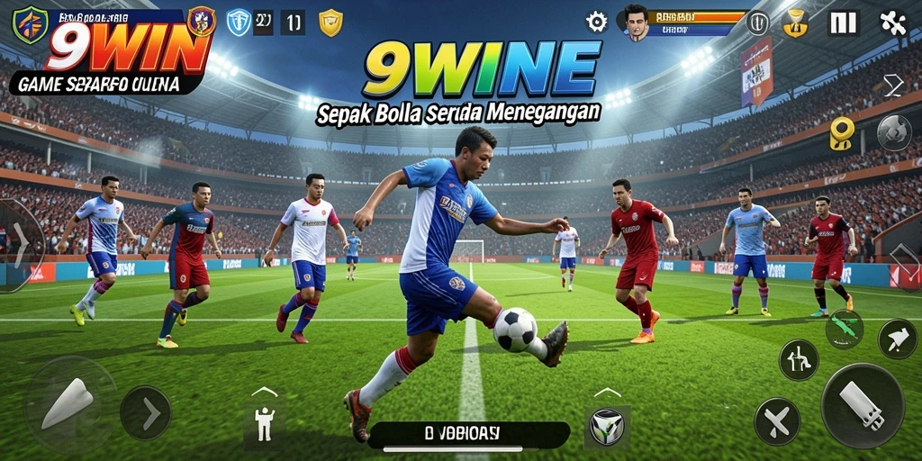 Screenshot utama 9WIN menampilkan aksi seru dan gameplay sepak bola.