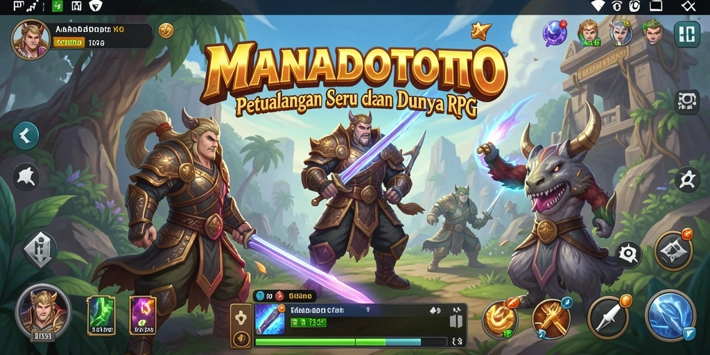 Screenshot utama MANADOTOTO dengan karakter dan pertarungan RPG yang epik.