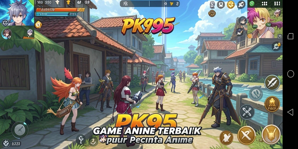 Screenshot gameplay PK95 menampilkan pertarungan karakter anime yang seru