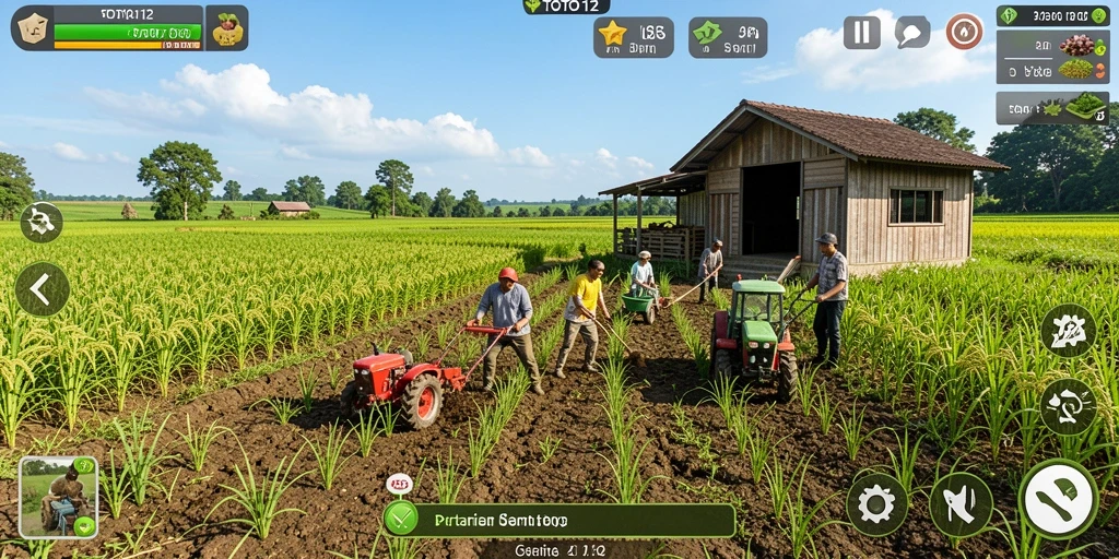 Tampilan screenshot utama TOTO12 menampilkan ladang yang subur dan aktiviti pertanian yang dinamis.